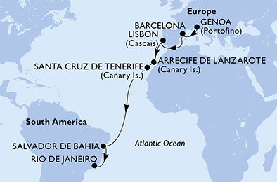 Itálie, Španělsko, Portugalsko, Brazílie z Janova na lodi MSC Grandiosa