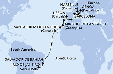Francie, Itálie, Španělsko, Portugalsko, Brazílie z Marseille na lodi MSC Grandiosa