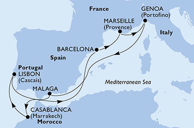 Španělsko, Maroko, Portugalsko, Francie, Itálie z Málagy na lodi MSC Splendida