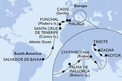 Brazílie, Španělsko, Portugalsko, Itálie, Černá Hora, Chorvatsko ze Salvadoru na lodi MSC Fantasia