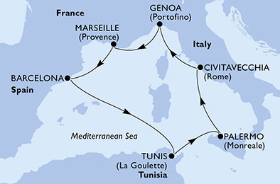 Itálie, Francie, Španělsko, Tunisko z Janova na lodi MSC Poesia