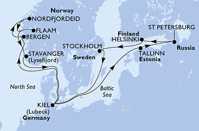 Německo, Norsko, Estonsko, Rusko, Finsko, Švédsko z Kielu na lodi MSC Splendida