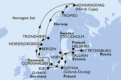Německo, Norsko, Dánsko, Švédsko, Finsko, Rusko, Estonsko, Polsko z Kielu na lodi MSC Splendida