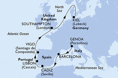 Itálie, Španělsko, Portugalsko, Velká Británie, Německo z Janova na lodi MSC Virtuosa