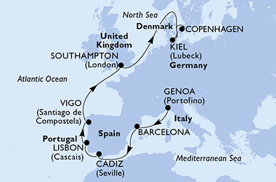 Itálie, Španělsko, Portugalsko, Velká Británie, Německo, Dánsko z Janova na lodi MSC Virtuosa