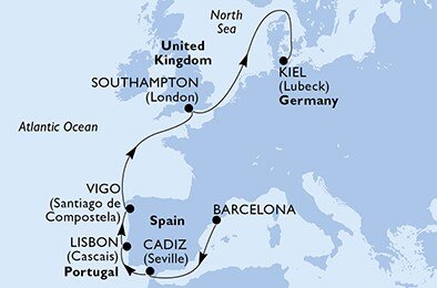 Španělsko, Portugalsko, Velká Británie, Německo z Barcelony na lodi MSC Virtuosa