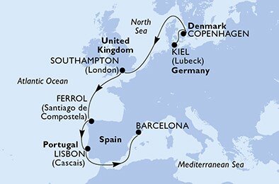 Německo, Dánsko, Velká Británie, Španělsko, Portugalsko z Kielu na lodi MSC Virtuosa
