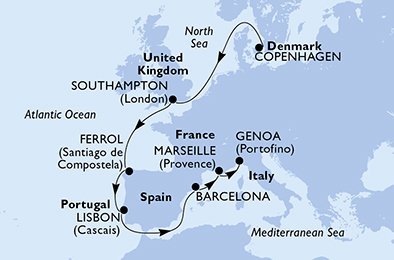 Dánsko, Velká Británie, Španělsko, Portugalsko, Francie, Itálie z Kodaně na lodi MSC Virtuosa