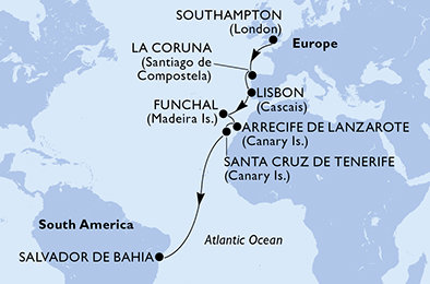 Velká Británie, Španělsko, Portugalsko, Brazílie ze Southamptonu na lodi MSC Preziosa