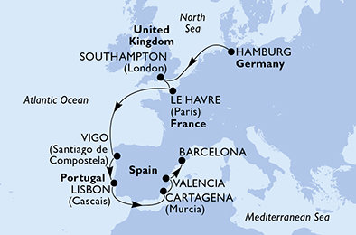 Německo, Velká Británie, Francie, Španělsko, Portugalsko z Hamburku na lodi MSC Preziosa