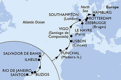 Brazílie, Portugalsko, Španělsko, Velká Británie, Francie, Belgie, Nizozemsko, Německo ze Santosu na lodi MSC Preziosa