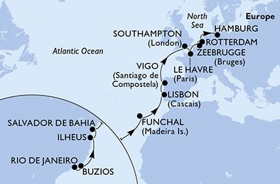 Brazílie, Portugalsko, Španělsko, Velká Británie, Francie, Belgie, Nizozemsko, Německo z Rio de Janeira na lodi MSC Preziosa