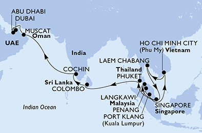 Singapur, Malajsie, Vietnam, Thajsko, Srí Lanka, Indie, Omán, Spojené arabské emiráty na lodi MSC Splendida