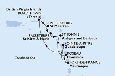 Martinik, Guadeloupe, Britské Panenské ostrovy, Svatý Martin, Svatý Kryštof a Nevis, Antigua a Barbuda, Dominika z Fort-de-France, Martinik na lodi MSC Seaview