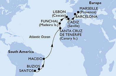 Brazílie, Španělsko, Portugalsko, Francie ze Santosu na lodi MSC Fantasia