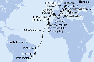 Brazílie, Španělsko, Portugalsko, Francie, Itálie ze Santosu na lodi MSC Fantasia
