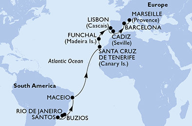 Brazílie, Španělsko, Portugalsko, Francie z Rio de Janeira na lodi MSC Fantasia