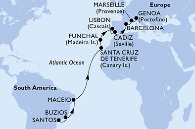 Brazílie, Španělsko, Portugalsko, Francie, Itálie ze Santosu na lodi MSC Fantasia