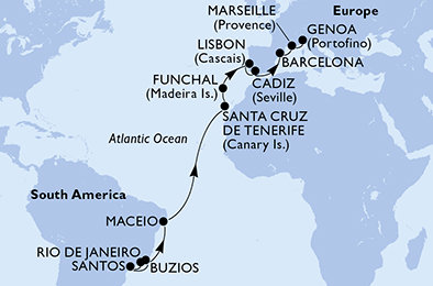 Brazílie, Španělsko, Portugalsko, Francie, Itálie z Rio de Janeira na lodi MSC Fantasia