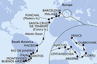 Brazílie, Uruguay, Argentina, Španělsko, Portugalsko, Francie, Itálie, Řecko, Chorvatsko na lodi MSC Sinfonia