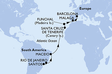 Brazílie, Španělsko, Portugalsko ze Santosu na lodi MSC Sinfonia