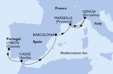 Portugalsko, Španělsko, Francie, Itálie z Lisabonu na lodi MSC Seaside