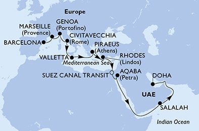 Španělsko, Francie, Itálie, Malta, Řecko, Egypt, Jordánsko, Omán, Katar z Barcelony na lodi MSC Fantasia