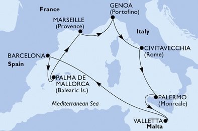 Španělsko, Francie, Itálie, Malta z Barcelony na lodi MSC Grandiosa