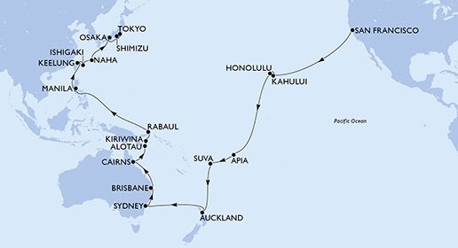 USA, Samoa, Fidži, Nový Zéland, Austrálie, Papua Nová Guinea, Filipíny, Tchaj-wan, Japonsko ze San Francisca na lodi MSC Magnifica