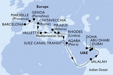 Španělsko, Francie, Itálie, Malta, Řecko, Egypt, Jordánsko, Omán, Katar, Spojené arabské emiráty z Barcelony na lodi MSC Fantasia