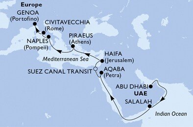 Spojené arabské emiráty, Omán, Jordánsko, Egypt, Izrael, Řecko, Itálie z Abu Dhabi na lodi MSC Fantasia