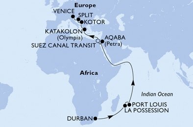 Jihoafrická republika, Reunion, Mauricius, Jordánsko, Egypt, Řecko, Černá Hora, Chorvatsko, Itálie z Durbanu na lodi MSC Orchestra