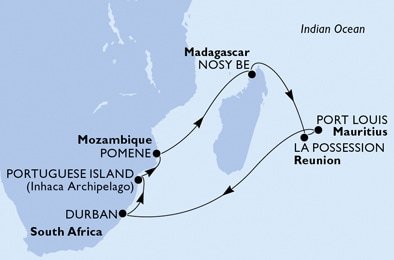 Jihoafrická republika, Mosambik, Madagaskar, Reunion, Mauricius z Durbanu na lodi MSC Orchestra