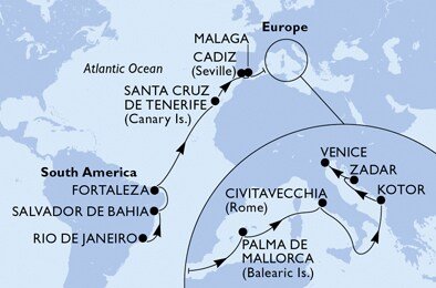 Brazílie, Španělsko, Itálie, Černá Hora, Chorvatsko z Rio de Janeira na lodi MSC Musica