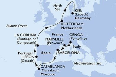 Itálie, Francie, Španělsko, Maroko, Portugalsko, Nizozemsko, Německo z Janova na lodi MSC Splendida