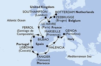Nizozemsko, Belgie, Francie, Velká Británie, Španělsko, Portugalsko, Maroko, Itálie z Rotterdamu na lodi MSC Magnifica