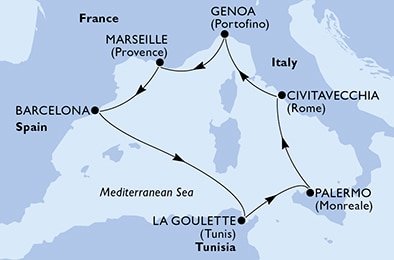 Itálie, Francie, Španělsko, Tunisko z Palerma na lodi MSC Fantasia