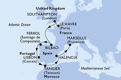 Francie, Velká Británie, Španělsko, Portugalsko, Maroko z Le Havru na lodi MSC Magnifica