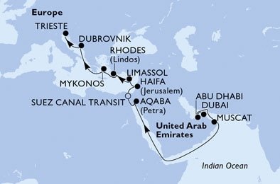 Spojené arabské emiráty, Omán, Jordánsko, Egypt, Izrael, Kypr, Řecko, Chorvatsko, Itálie z Dubaje na lodi MSC Opera
