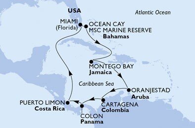 USA, Bahamy, Jamajka, Aruba, Kolumbie, Panama, Kostarika z Miami na lodi MSC Divina