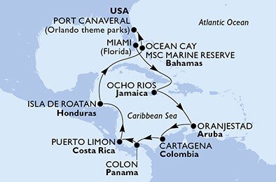 USA, Jamajka, Aruba, Kolumbie, Panama, Kostarika, Honduras, Bahamy z Miami na lodi MSC Divina