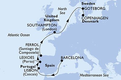 Španělsko, Portugalsko, Velká Británie, Švédsko, Dánsko z Barcelony na lodi MSC Musica