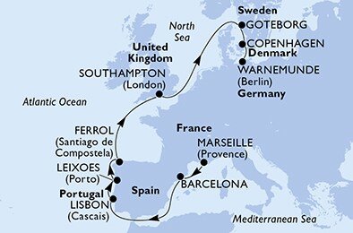 Francie, Španělsko, Portugalsko, Velká Británie, Švédsko, Dánsko, Německo z Marseille na lodi MSC Musica