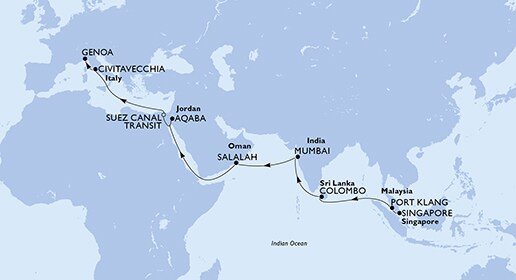 Singapur, Malajsie, Srí Lanka, Indie, Omán, Jordánsko, Egypt, Itálie ze Singapuru na lodi MSC Poesia