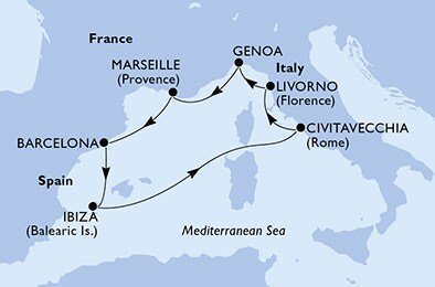 Španělsko, Itálie, Francie z Barcelony na lodi MSC Splendida