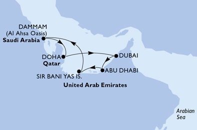 Spojené arabské emiráty, Saúdská Arábie, Katar z Dubaje na lodi MSC World Europa