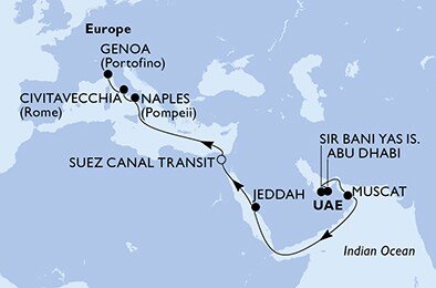 Spojené arabské emiráty, Omán, Saúdská Arábie, Egypt, Itálie z Abu Dhabi na lodi MSC World Europa