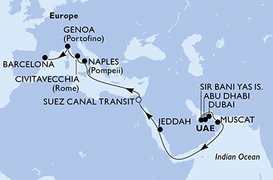 Spojené arabské emiráty, Omán, Saúdská Arábie, Egypt, Itálie, Španělsko z Dubaje na lodi MSC World Europa