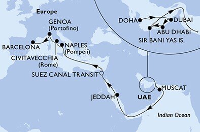 Katar, Spojené arabské emiráty, Omán, Saúdská Arábie, Egypt, Itálie, Španělsko z Dohy na lodi MSC World Europa