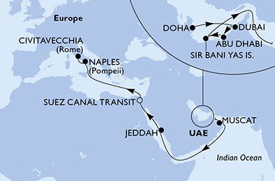 Katar, Spojené arabské emiráty, Omán, Saúdská Arábie, Egypt, Itálie z Dohy na lodi MSC World Europa